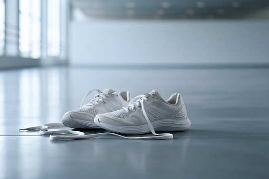 White sport sneakers with untied laces on sleek polished floor
