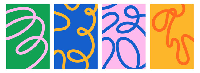 Colorful wavy line poster background set. Abstract psychedelic groovy patterns in pink, blue, green and yellow. Bold geometric curves for sale, banner, wallpaper, flyer, social media design © Olga Tsikarishvili