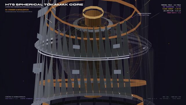 Detailed 3D animation of a high temperature superconducting spherical tokamak core schematic demonstrating magnetic confinement fusion reactor phases and burning plasma equilibrium