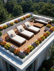 Fototapeta premium Modern rooftop terrace with wooden deck, white sun loungers. Colorful flower beds decorate balcony edges. Private luxury residence offers outdoor relaxation space with premium garden design. Sunny