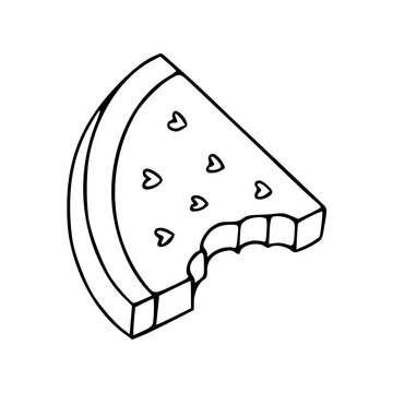 bitten watermelon slice with heart shaped seeds line art illustration for summer concept