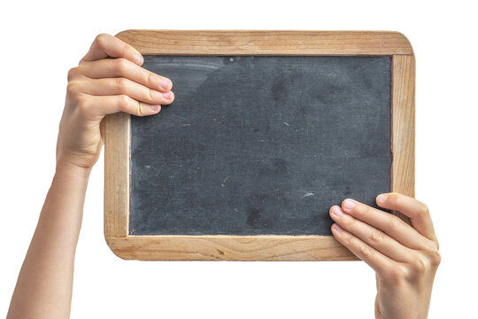 child children's hands holding empty school blackboard chalkboard with wooden frame, isolated on transparent or white background png