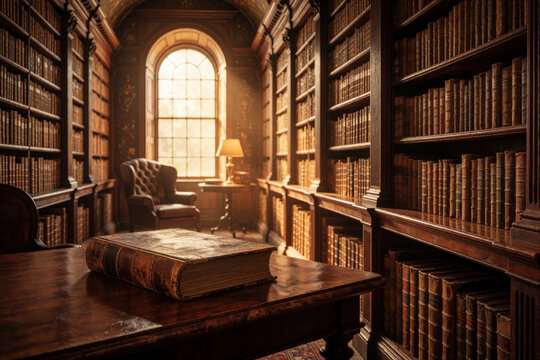 Cozy library room with tall wooden bookshelves filled with old books. Large arched window lets in warm natural light. Antique armchair sits near desk with vintage book on table. Quiet study space for