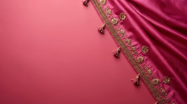 Pink silk fabric with gold embroidery and decorative tassels draped elegantly on solid background for fashion clothing design and festive traditional style themes.