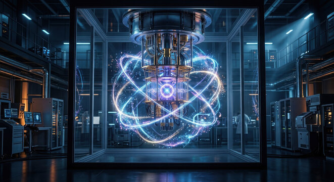 Quantum computer processor pulses with glowing energy rings inside a glass containment chamber.