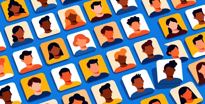Diverse people profiles on digital interface grid. Recruitment app shows many candidate avatars for hiring process. HR tech platform displays multicultural employee talent. Human resources manager