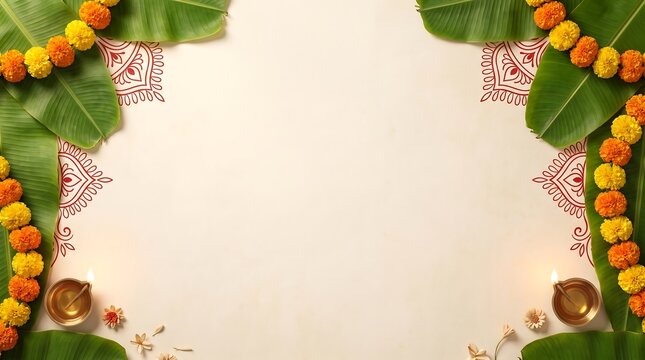 Elegant festive background frame decorated with fresh green banana leaves orange marigold flower garlands and burning brass oil lamps over off white backdrop.