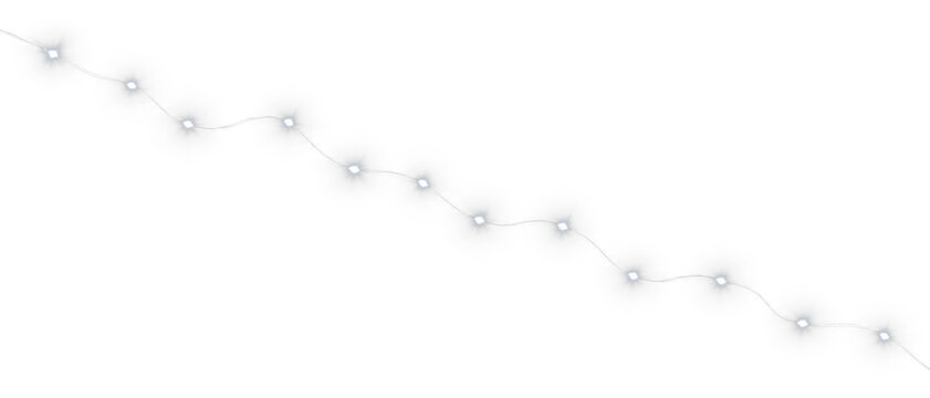 Glowing white fairy lights string isolated on transparent background, 3d render of Christmas LED festive garland decoration for holiday web design, social media post, and winter greeting card overlays