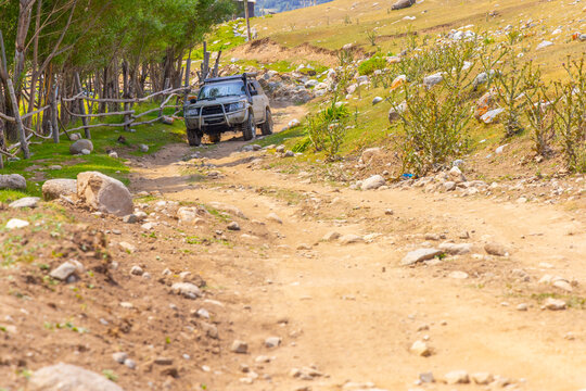 Light-colored four-wheel-drive vehicle travels on a rough, rocky dirt road. Surrounding terrain features trees, a wooden fence, and dry grass, indicating a remote outdoor environment.