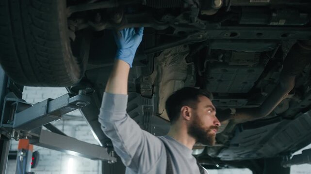 Caucasian man mechanic tightening parts beneath raised car garage male technician using wrench auto repair worker servicing motorcar engineer checking vehicle condition mechanical maintenance station