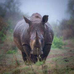 White rhinoceros facing camera in misty savanna © fsanchex