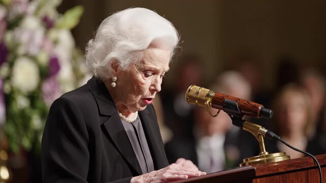 Elderly woman giving emotional speech at podium during memorial service. Senior speaker addressing audience at funeral or official ceremony