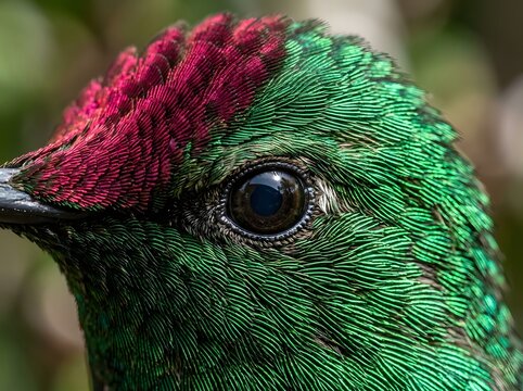 Macro close up of hummingbird head with emerald green and magenta crest feather details