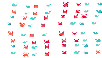 Cartoon whales and crabs scattered on transparent background © ebar