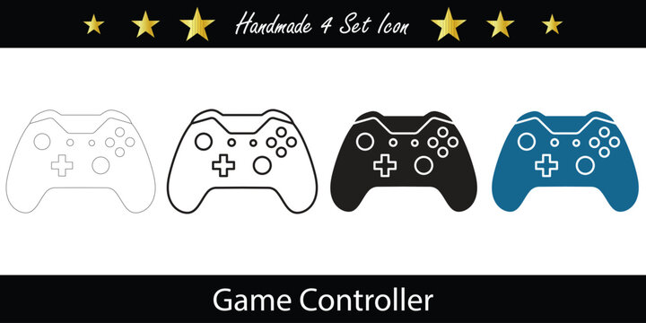 Four game controllers in outline black and blue styles on a dark background with golden stars