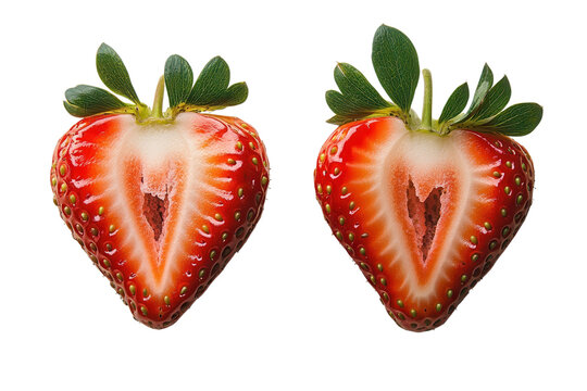 Two ripe strawberries and half a stra isolated on white background for product catalog, ecommerce, advertising and commercial design projects