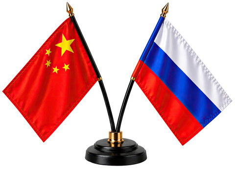 China and Russia crossed table flags, bilateral cooperation, isolated on transparent background