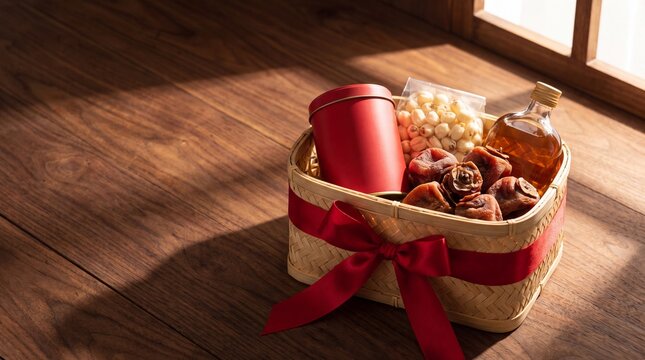 Bamboo Tet gift hamper with persimmons and red tea tin