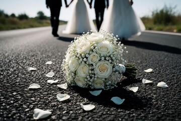 Fototapeta premium White bridal bouquet with roses, gypsophila lies on asphalt road. Wedding couple walks away on street in background. Concept of canceled marriage, breakup, divorce end of relationship on urban