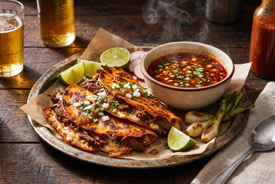Mexican Quesabirria Tacos Melted Cheese Rich Consome Broth Dip