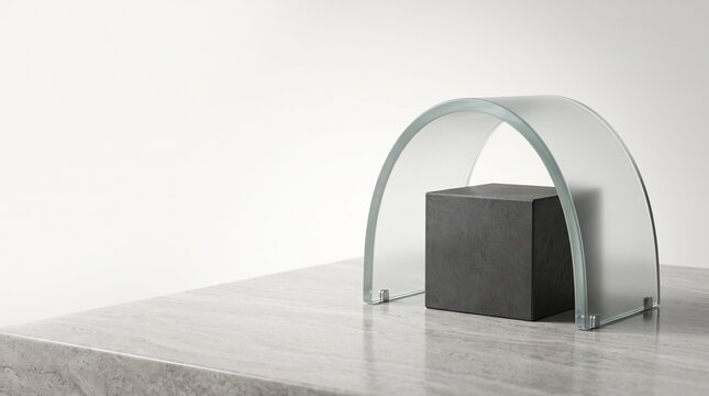 Frosted glass arch protecting a dark stone cube on marble surface, concept of risk management, investment security and asset protection