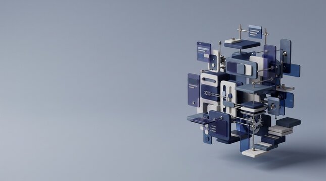 Abstract 3D assembly of blue interface panels, sliders and mechanical rods representing collaborative workflow and system integration with copy space