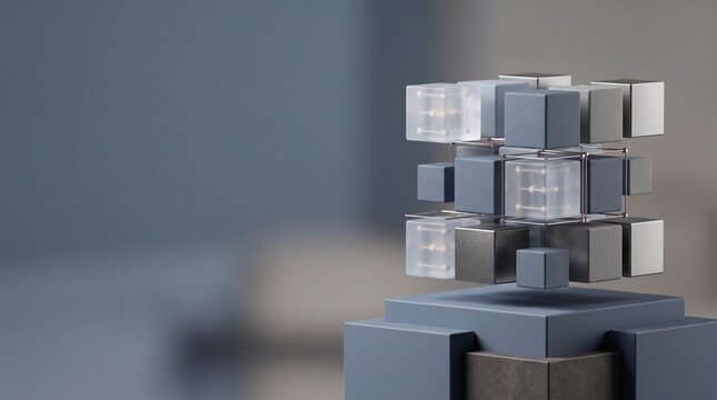 Floating modular cubes with translucent data nodes on pedestal, concept of data architecture and digital infrastructure with copy space