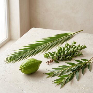 The Four Species for Sukkot Holiday with Etrog Lulav Hadass and Arava on a Neutral Background