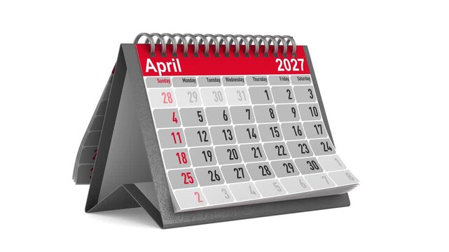 2027 desk calendar advances from January through November as pages lift and turn on its wire binding. Tabletop planner displays monthly dates on simple white backdrop. Isolated 3D render