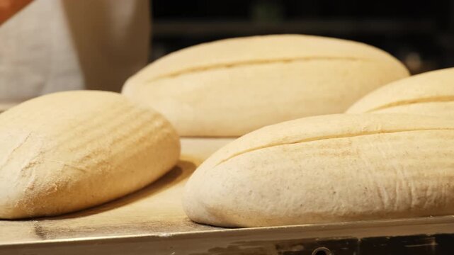 Baker hand scores unbaked bread loaf with sharp razor on tray closeup. Worker cuts dough bun side before baking in hot oven. Craft bakery