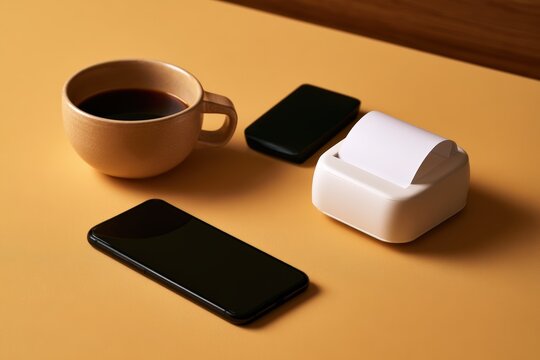 Caf&eacute; checkout essentials with ceramic coffee cup, smartphone, contactless reader, and receipt printe