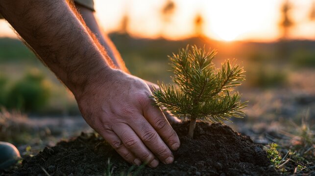 Hands Gently Planting a Small Pine Tree Seedling into Soil, Bathed in Golden Sunset Light