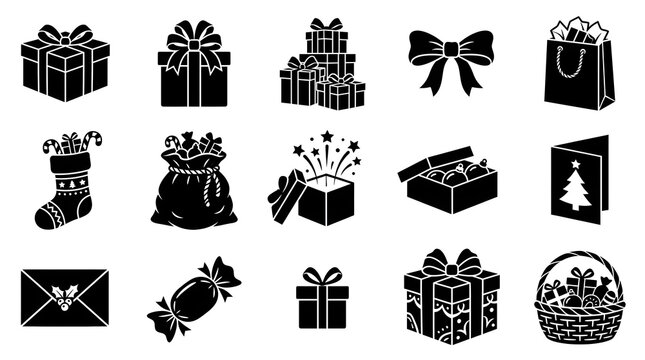 A collection of black and white vector icons representing various christmas gifts presents holiday decorations and festive celebration items for design