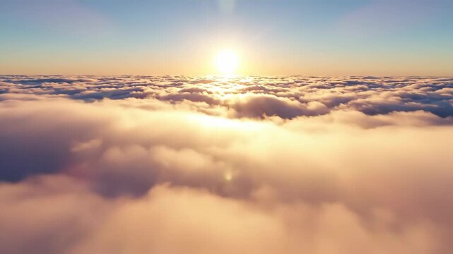 Aerial view flying through clouds during sunset. Golden hour light illuminates the sky and cloudscape, creating a serene and peaceful atmosphere.