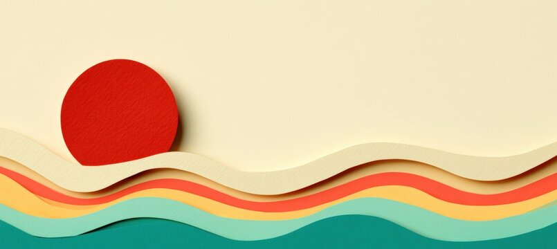 Panoramic sunrise with layered paper - cut waves in cream, coral, mint, and yellow