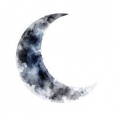 Fototapeta premium Hand drawn watercolor crescent moon illustration on white background. Black, grey ink paint texture shows lunar surface with craters. Minimalist celestial body art for astronomy projects, night sky