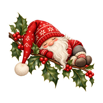 Niedlicher schlafender Weihnachtswichtel mit roter Strickm&uuml;tze, wei&szlig;em Bart und warmem Winteroutfit liegt gem&uuml;tlich auf einem Stechpalmenzweig mit gr&uuml;nen Bl&auml;ttern und roten Beeren.
