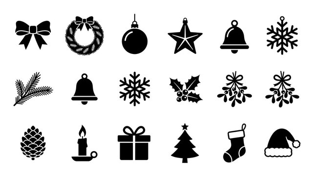 A collection of black silhouette icons representing traditional christmas elements including ornaments decorations festive symbols and holiday season objects on white background