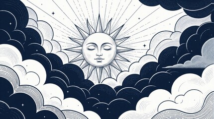Fototapeta premium Dreamy celestial illustration of calm sun face with closed eyes. Radiant sun rays shine through fluffy clouds in dark sky. Mystical cosmic art shows peaceful heaven astral plane with stars, celestial