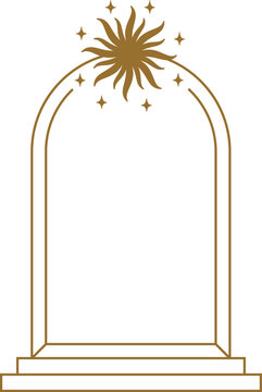 Decorative arch frame featuring a bohemian sun and sparkling stars over a white background