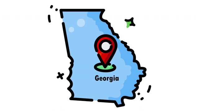 Animated Georgia map with blue state outline and red pin suitable for travel brochures, educational materials, staterelated websites, and geography presentations.