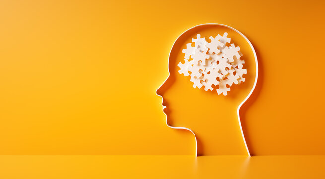 Conceptual artwork showing a 3D silhouette of a head with chaotic puzzle pieces, symbolizing mental problems - 3D illustration on yellow background

