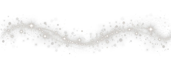 Obraz premium Silver sparkle light wave with glowing star dust particles and bokeh, magical glitter trail effect on transparent background for festive holiday design and creative photo overlays