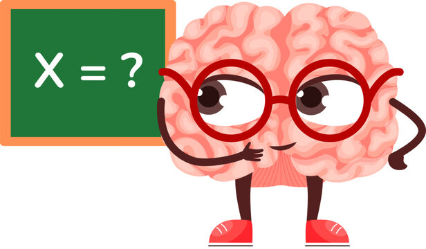 Brain character with glasses solving a mathematical equation on a green chalkboard