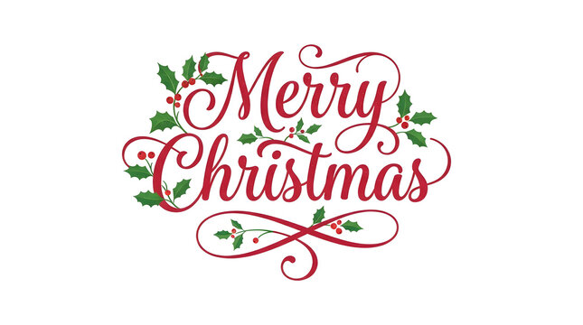 Elegant red cursive merry christmas lettering decorated with festive green holly leaves and red berries isolated on a clean white background design