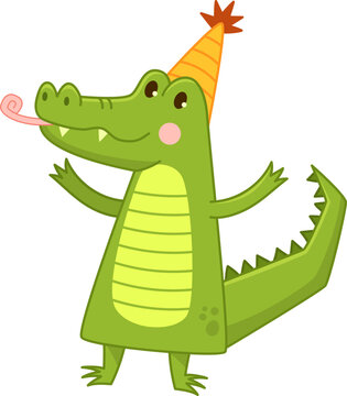 Cartoon alligator celebrating a special event, wearing a party hat and blowing a noisemaker