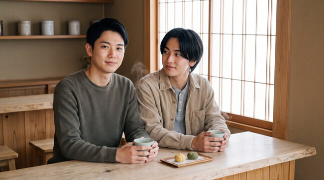 和カフェでお茶と和菓子を味わい寛ぐ若い男性二人 | 湯気立つお茶