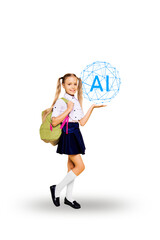 Fototapeta premium Banner artwork poster collage of happy preteen schoolgirl show ai button wear uniform backpack gpt chat innovation assistant