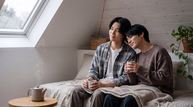 天窓のある部屋で毛布に包まりお茶を飲む若い男性二人 | 湯気立つポット