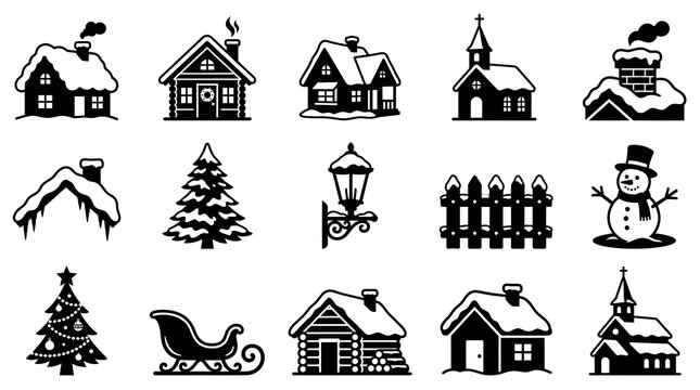 A collection of black and white winter icons featuring snowy houses pine trees a snowman a sleigh and festive holiday decorations